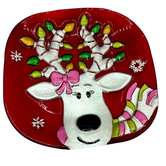 Christmas Rain Deer Platter Plate Artist Fused Painted Glass - Picture 2 of 11